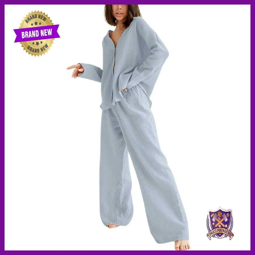 Cotton Gauze Loungewear Set Button Down Shirt Wide Leg Pants